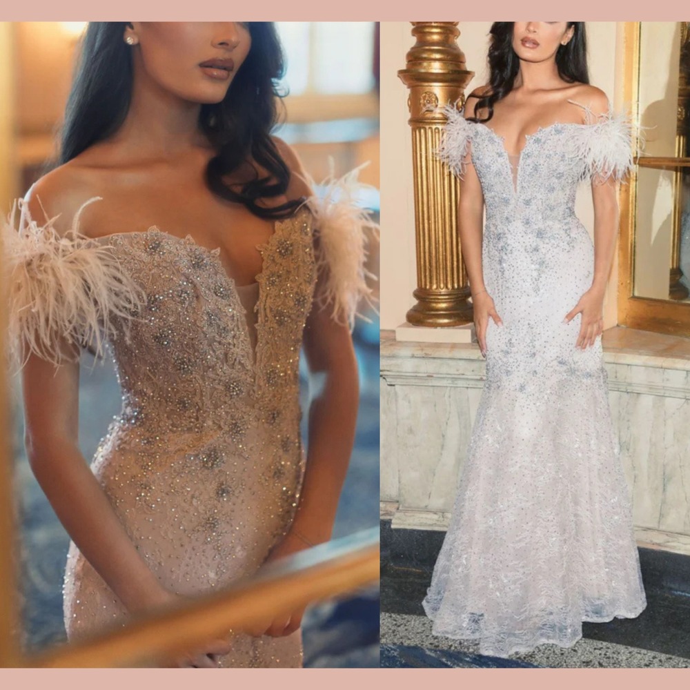 NEW $1198 MAC DUGGAL [ 4 ] Feathered Crystal Embellished Sleeveless‎ Gown Lilac